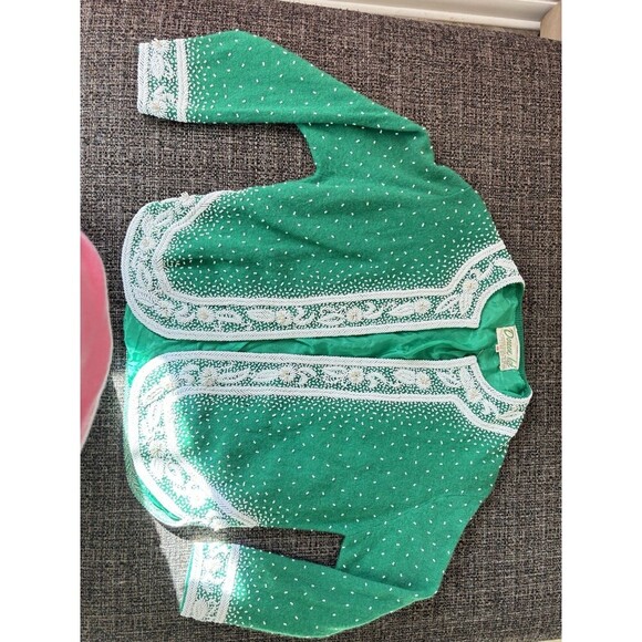 DOREEN LOK Vintage 60s Green Wool White Beads 3/4 Sleeves Cardigan Sweater 36/4 - Picture 13 of 13